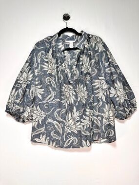 H&M Blue Floral Peasant Blouse V Neck Relaxed Fit Top Size XL